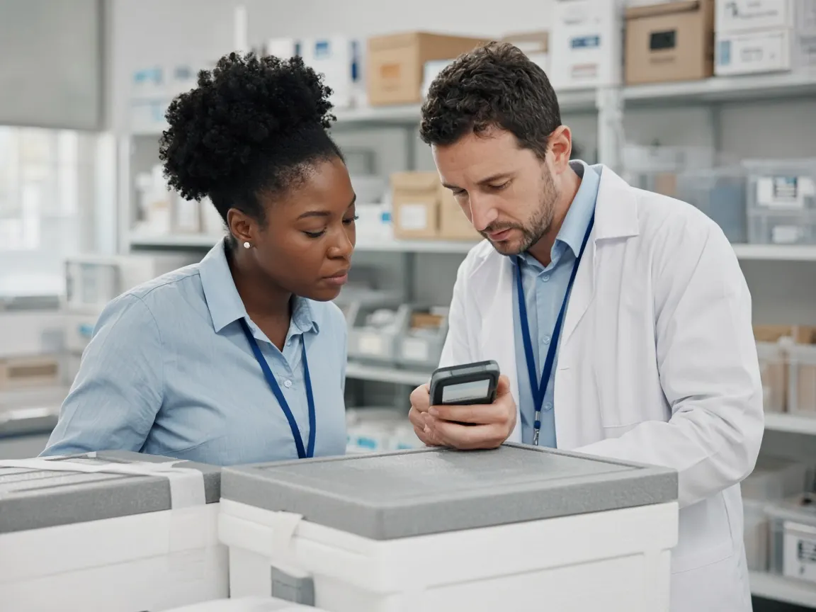 Two clinical research professionals checking a vaccine study shipment.