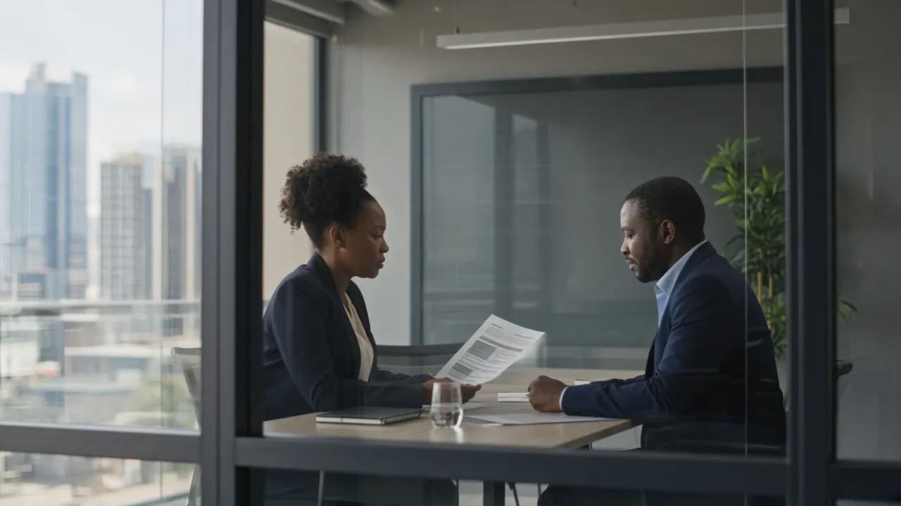 Two professionals reviewing a proposal in a Johannesburg meeting room.